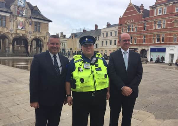 Jason Ablewhite, PCSO Phill Prisk and Andy Coles in Cathedral Square