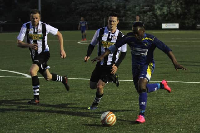 Two-goal Avelino Vieira in action for Peterborough Sports against Peterborough Nothern Star. Photo: Tim Gates.