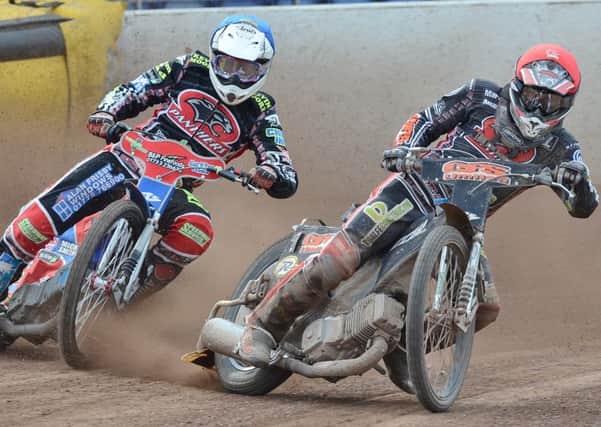 Craig Cook (red) and Simon Lambert in action for Panthers against Ipswich. Photo: David Lowndes.