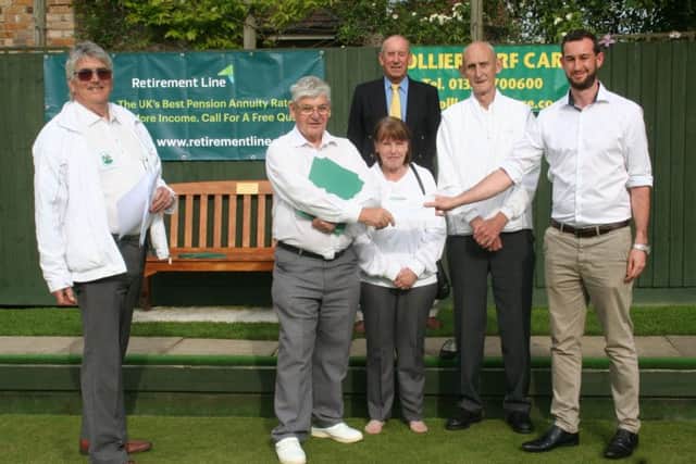 The annual Longthorpe triples tournament, sponsored by Pension Arrangers, Retirement Line, National Windscreens and Collier Turf Care, had 26 teams chasing the Â£200 prize fund and the eventual winners were Blackstones pair Paul Buckley and Brian Bagshaw with Kettons Shirley Suffling, with club trio Terry Moon, Eleanor Creek and Roy Hibbard in second place. The picture shows club chairman Richard Harrison (left) with Paul Buckley, Shirley Suffling, Tony  Huggins, representing National Windscreens, Brian Bagshaw and Mark Ormston, from Retirement  Line.