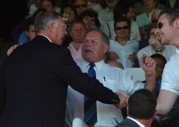 Sir Alex Ferguson (left) with Barry Fry and Darragh MacAnthony.