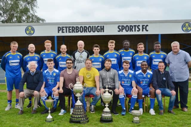 The all conquering Peterborough Sports team show off their trophy haul. They are, back row left to right, Karl Gibbs, Lewis Webb, Jack Bloodworth, David Cobb, Luke McShane, Dan Clements, Jake Sansby, Ali Nyang, Dan Bucciero, Wilkins Makate, Stephen Tommy Cooper, front, Colin Day, Josh Sanders, Dasn Ruscillo, Jimmy Dean, Matthew Robinson, Josh Moreman, Avelino Vieira and John Robinson.
