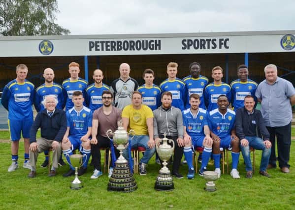 The all conquering Peterborough Sports team show off their trophy haul. They are, back row left to right, Karl Gibbs, Lewis Webb, Jack Bloodworth, David Cobb, Luke McShane, Dan Clements, Jake Sansby, Ali Nyang, Dan Bucciero, Wilkins Makate, Stephen Tommy Cooper, front, Colin Day, Josh Sanders, Dasn Ruscillo, Jimmy Dean, Matthew Robinson, Josh Moreman, Avelino Vieira and John Robinson.