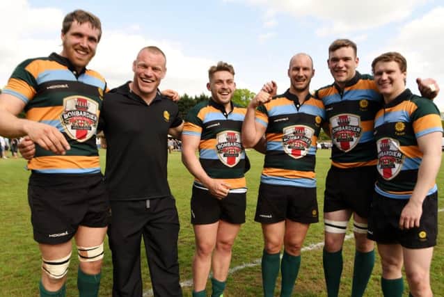 The Peterborough Lions contingent who were celebrating at Twickenham today. From the left are Sam Crooks, Darren Fox, Will Carrington, Adam, Barnard, Tom Lewis and Del Veenendaal. Picture: Mick Sutterby