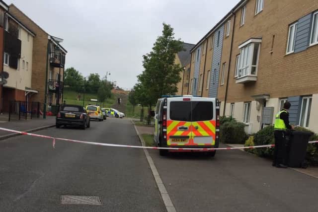 Delves Way, Hampton, was cordoned off by police investigating the incident on Friday evening. Picture Terry Harris.