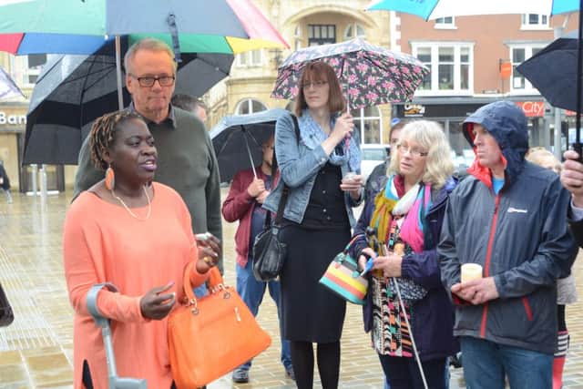 Orlando vigil at St John's Square attended by members and guests of the Peterborough LGBT social group EMN-160615-074501009