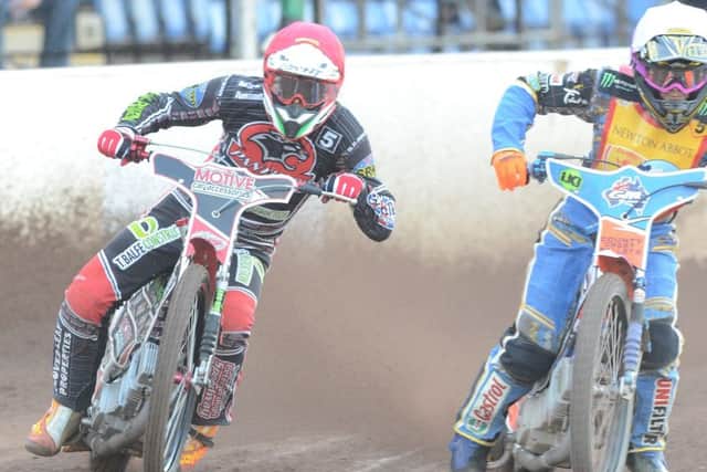 Panthers skipper Ulrich Ostergaard (left) in heat four action against Plymouth. Photo: David Lowndes.