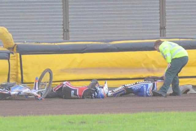 Riders on the ground after a heat six spill in last night's meeting between Panthers and Plymouth. Photo: David Lowndes.
