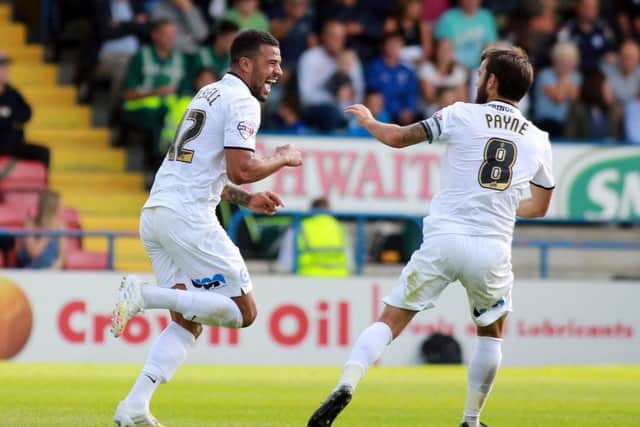 Kyle Vassell celebrates scoring the winning goal for Posh at Rochdale on the opening day of the 2013-14 League One season. Photo: Joe Dent/theposh.com.