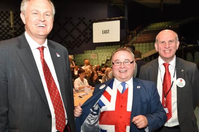 Referendum Count at Kingsgate Centre for Peterborough. Stewart Jackson, Wayne Fitzgerald and John Peach - from the Leave campaign