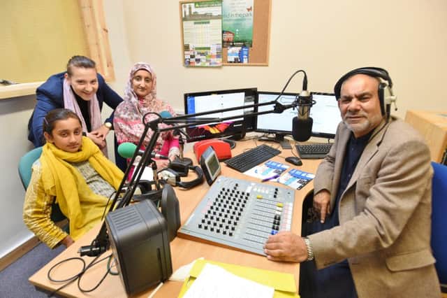 Ansar Ali at  Salaam Radio at the Iqbal Centre with guest Rehana Kauser and Aamini Sethi (10) and  Naomi Davis from the BBC EMN-160407-184939009
