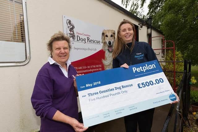 Overseer of Three Counties Dog Rescue Gyll Mauchline recieving the donation from Petplan