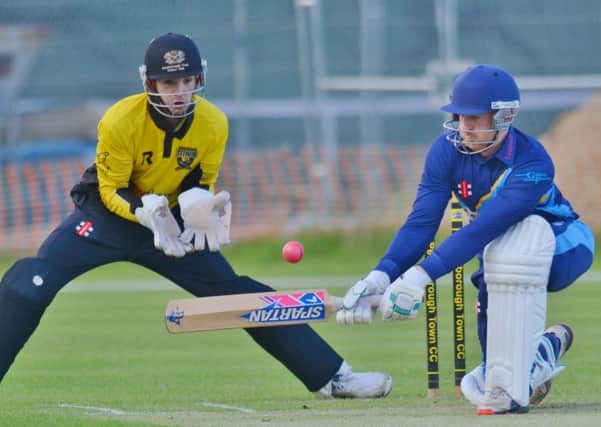 Bourne captain Peter Morgan batting against Peterborough Town in the abandoned Jaidka Cup Final. The wicket-keeper is Chris Milner. Photo: David Lowndes.