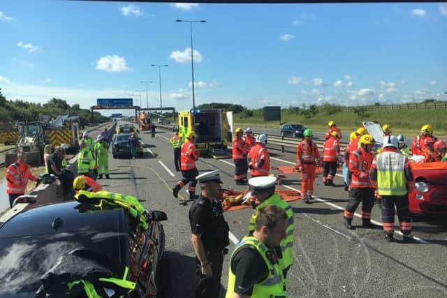 A1(M) southbound shut at J14 Alconbury four vehicle RTC.  Delays for investigation and recovery. PHOTO: BCH Road Police