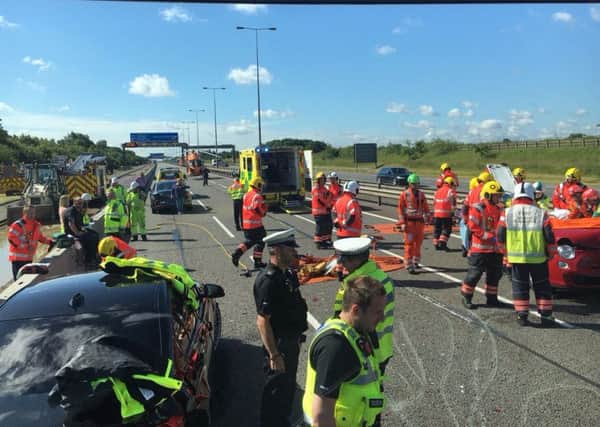 A1(M) southbound shut at J14 Alconbury four vehicle RTC.  Delays for investigation and recovery. PHOTO: BCH Road Police