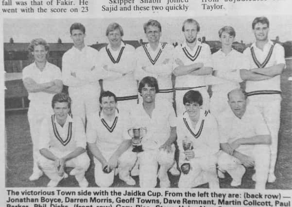 The Peterborough Town team that won the Jaidka Cup in 1986. From the left are, back, Jonathan Boyce, Darren Morris, Geoff Towns, Dave Remnant, Martin Collcott, Parl Parker, Phil Dicks, front, Gary Rice, Steve Hair, Alan Swann, Neil Taylor and Martin Dobbs.