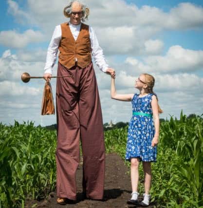 Alfie Cook as the BFG with Lucy Gowler, 11 at a maize maze in March,