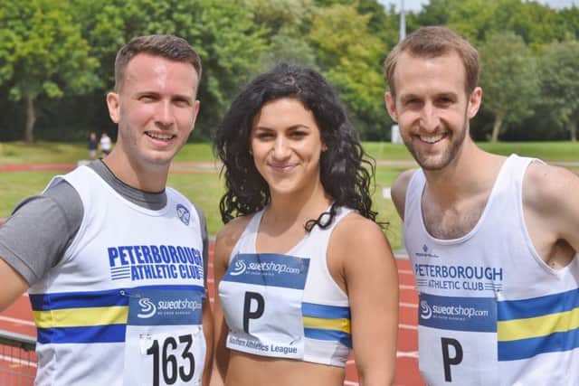 PAC athletes at their home Southern League meeting. From left, Jamie Moffat, Ellie DeLucis and Matthew Dalton. Photo: David Lowndes.