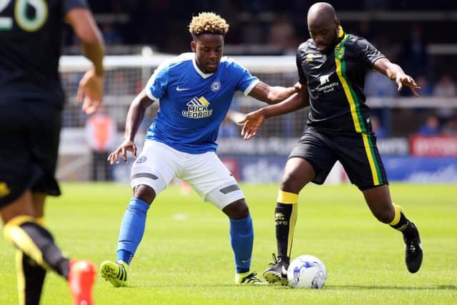 Jermaine Anderson in action for Posh in his comeback game against Norwich. Photo: Joe Dent/theposh.com.