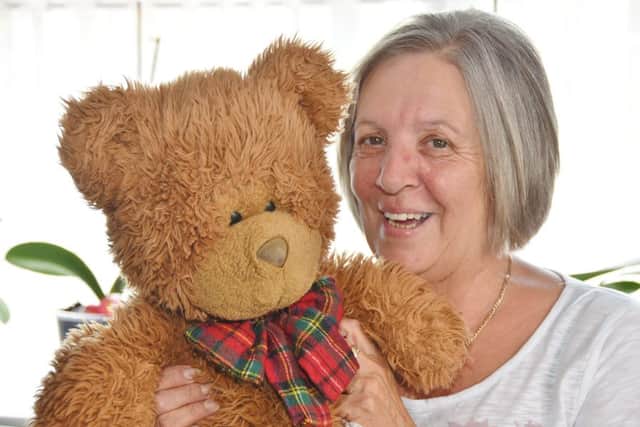 Vera Archer campaigning to save Glenfield Hospital where her daughter was treated. Daughter Rhian was given teddy when in hospital EMN-160720-153246009