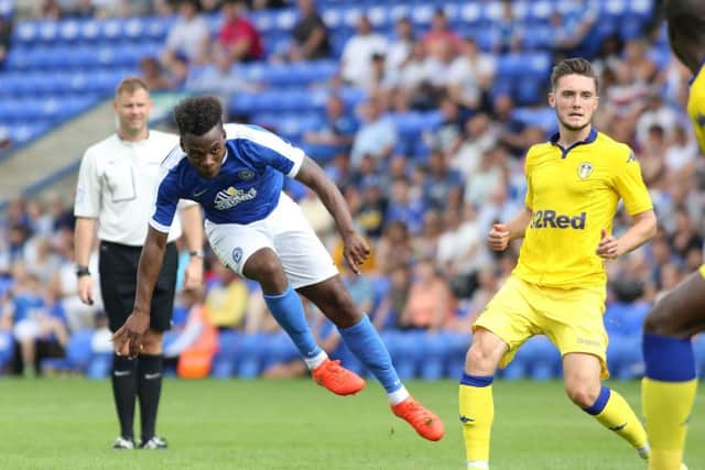 Posh striker Shquile Coulthirst scores his second goal against Leeds. Photo: Joe Dent/theposh.com.