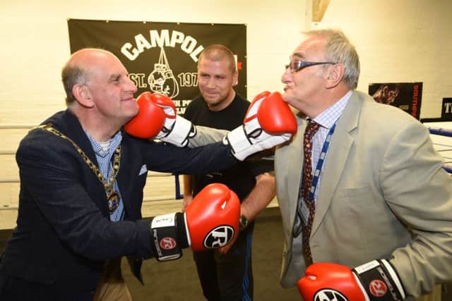 Mayor John Peach and PCC leader John Holdich visiting the Cambs Police boxing gym at Paston EMN-150909-223702009