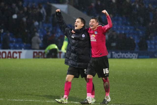Tom Nichols (left) celebrates his Posh goal at Chesterfield. Photo: Joe Dent/theposh.com.