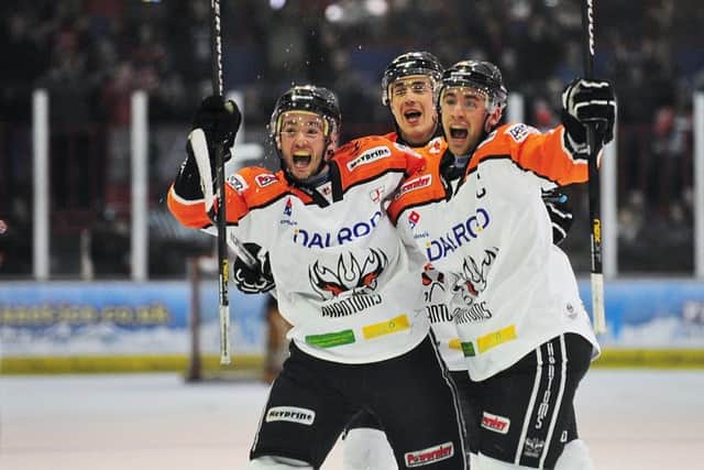 Phantoms celebrate a goal against Sheffield last season.