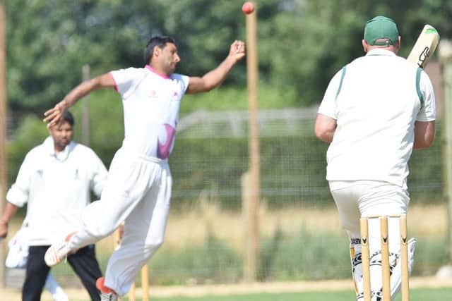 Ketton's Shakir Mahmood just fails with this caught and bowled attempt in the Rutland Division Two hammering of Newborough.