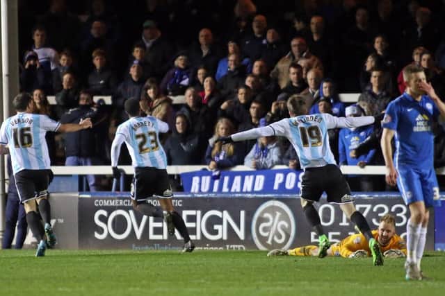 Tyrone Barnett celebrates an equalising goal for Shrewsbury at Posh last season. Photo: Joe Dent/theposh.com.