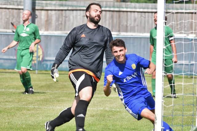 Dan Clements celebrates his goal for Peterborough Sports against Gorleston. Photo: David Lowndes.