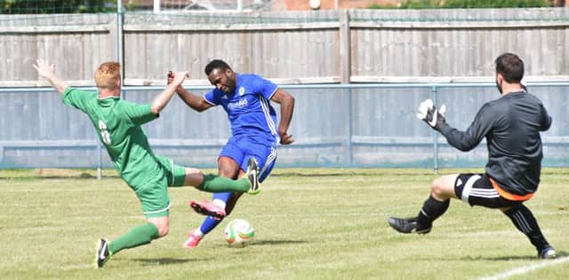 Avelino Vieira scores for Peterborough Sports against Gorleston. Photo: David Lowndes.