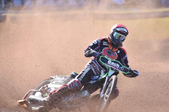 Nikolas Busk Jakobsen whips up a dust storm for Panthers in the meeting against Edinburgh. Photo: David Lowndes.