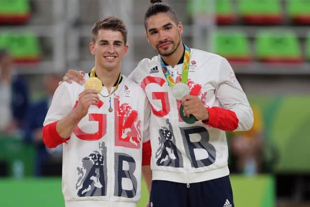 Great Britain's medallists Max Whitlock (left, gold) and Louis Smith (right, silver) following the men's pommel horse final.