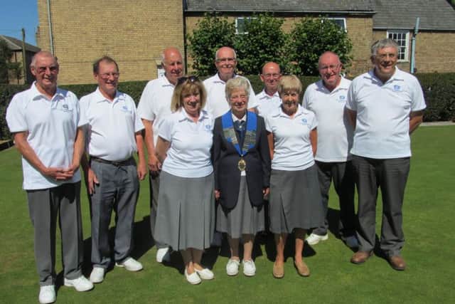 City of Peterborough Belvedere, winners of the Peterborough Leagues Mick Lewin Trophy, pictured with League president Jean Redhead. (Back row, left to right): Peter Leaton, Malcolm Squires, Roger Martin, Geoff Hedges, Derek Briers, Graham Jackson, Colin Lake. (Front): Linda Darani and Norma Squires.
