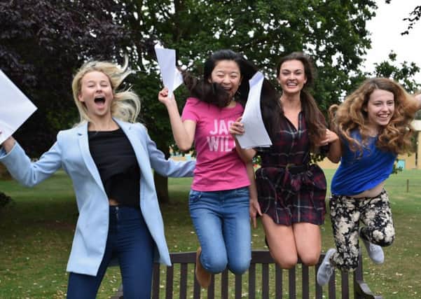 A-Level results 2015.  A-Level students from The Peterborough School  Hannah Crier (BBC), Nicola Wan (AAB), Rachel Senior (AAA) and Rebekah Baugh (AAB) EMN-150813-133102009