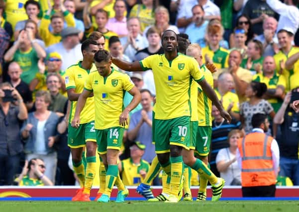 Norwich City's Cameron Jerome celebrates scoring against Blackburn.