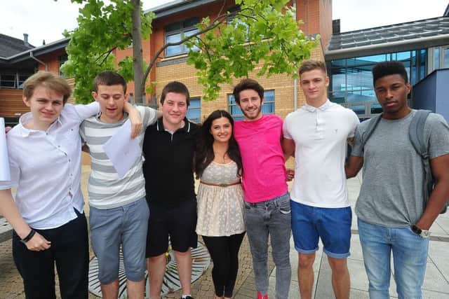 A Level results day 2013 Hampton College pupils Connor McLaughlin, Marcus Coombe, Daniel Walsh, Amy Hildiry, Jake Gear, Sean Gyles andf Nevin Guiste. ENGEMN00120130815161601