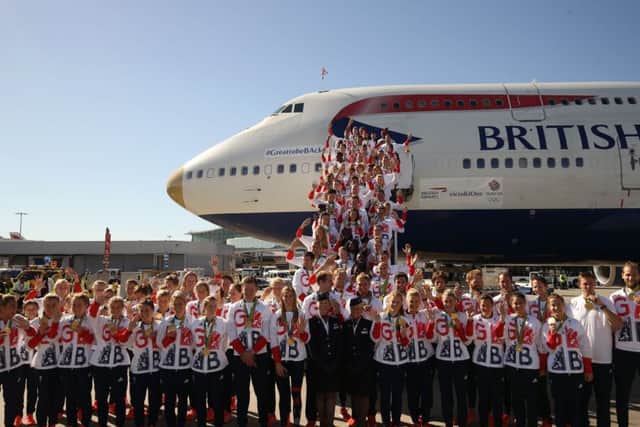 Team GB squad group as they arrive at Heathrow Terminal 5. Photo credit: Steve Parsons/PA Wire