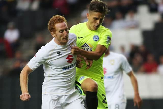 Posh striker Tom Nichols in action at MK Dons. Photo: Joe Dent/theposh.com.