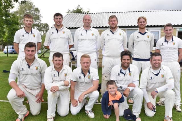 The Stamford Town  team that won the John Wilcox Plate Final (front, left to right) Tom Williams, Alex Birch,  Sam Barrett, mascot Harrison Field, Liam Dave and Richard Field, (back)  Simon Lem, Ben Peck, Phil Holland, Andrew Hulme, Tim Juggins and Scott Chamberlain. Photo: David Lowndes.