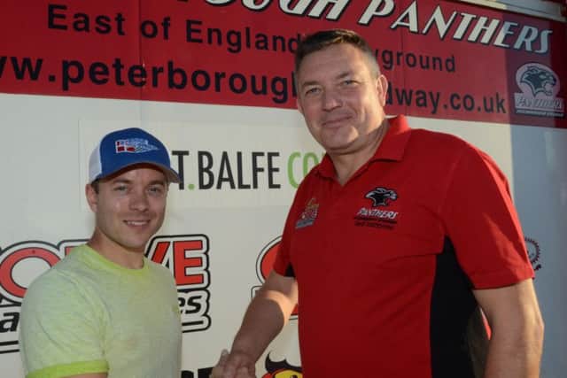 Promoter Ged Rathbone (right) welcomes Kenneth Bjerre back to Alwalton.