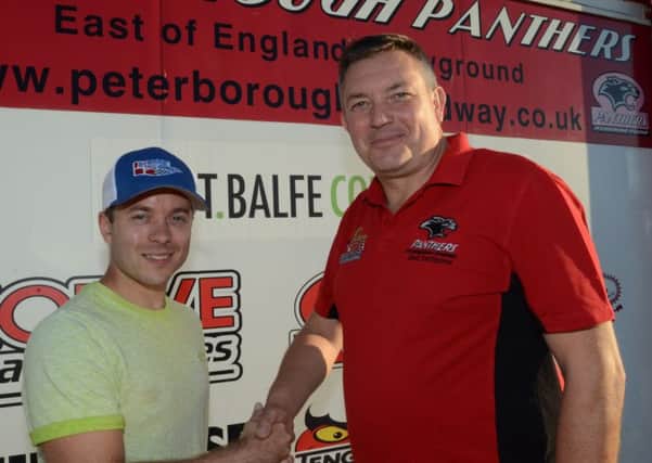 Promoter Ged Rathbone (right) welcomes Kenneth Bjerre back to Alwalton.