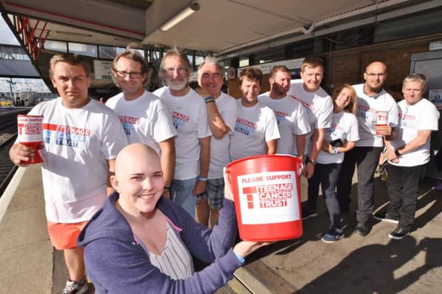 British Rail train drivers who are having their heads shaved by hairdresser Hayley Hindle in aid of Katie Rickett (holding collection bucket) EMN-160831-214014009