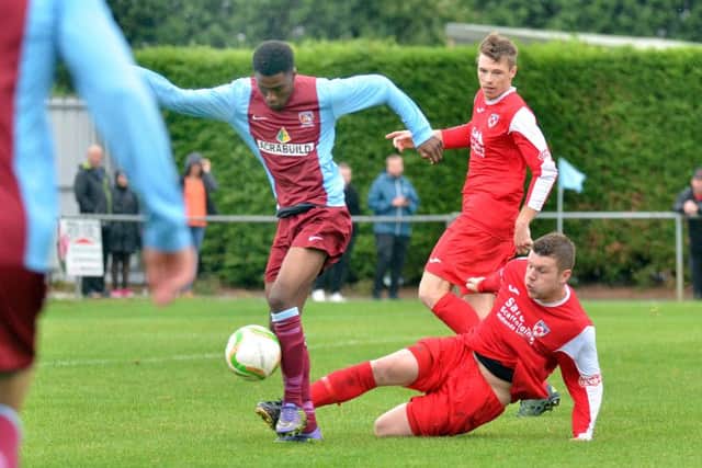 Action from the FA Cup tie between Deeping Rangers and Gresley. Photo: Tim Wilson.