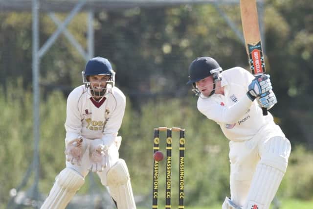 It's a lovely cover drive from Bourne batsman Archie Stroud in the game at Nassington. Photo: David Lowndes.