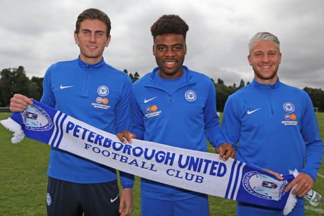 The three Posh deadline day signings. From left: Luke McGee, Nathan Oduwa and George Moncur: Photo: Joe Dent/theposh.com.