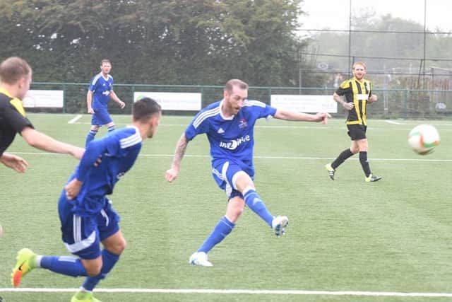 Action from Yaxley's 7-0 win over Eynesbury in the FA Vase. Photo: David Lowndes.