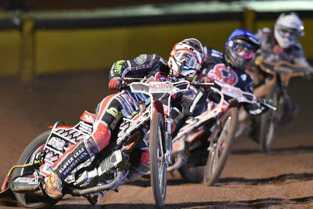 Back to form Panthers skipper Ulrich Ostergaard leads heat five in the meeting with Rye House. Photo: David Lowndes.