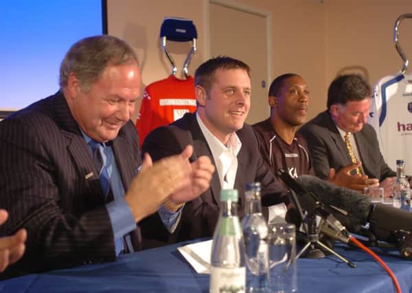 The press conference to announce Darragh MacAnthony's purchase of Posh. Pictured are, from left, Barry Fry, Darragh MacAnthony, Keith Alexander, Bob Symns.